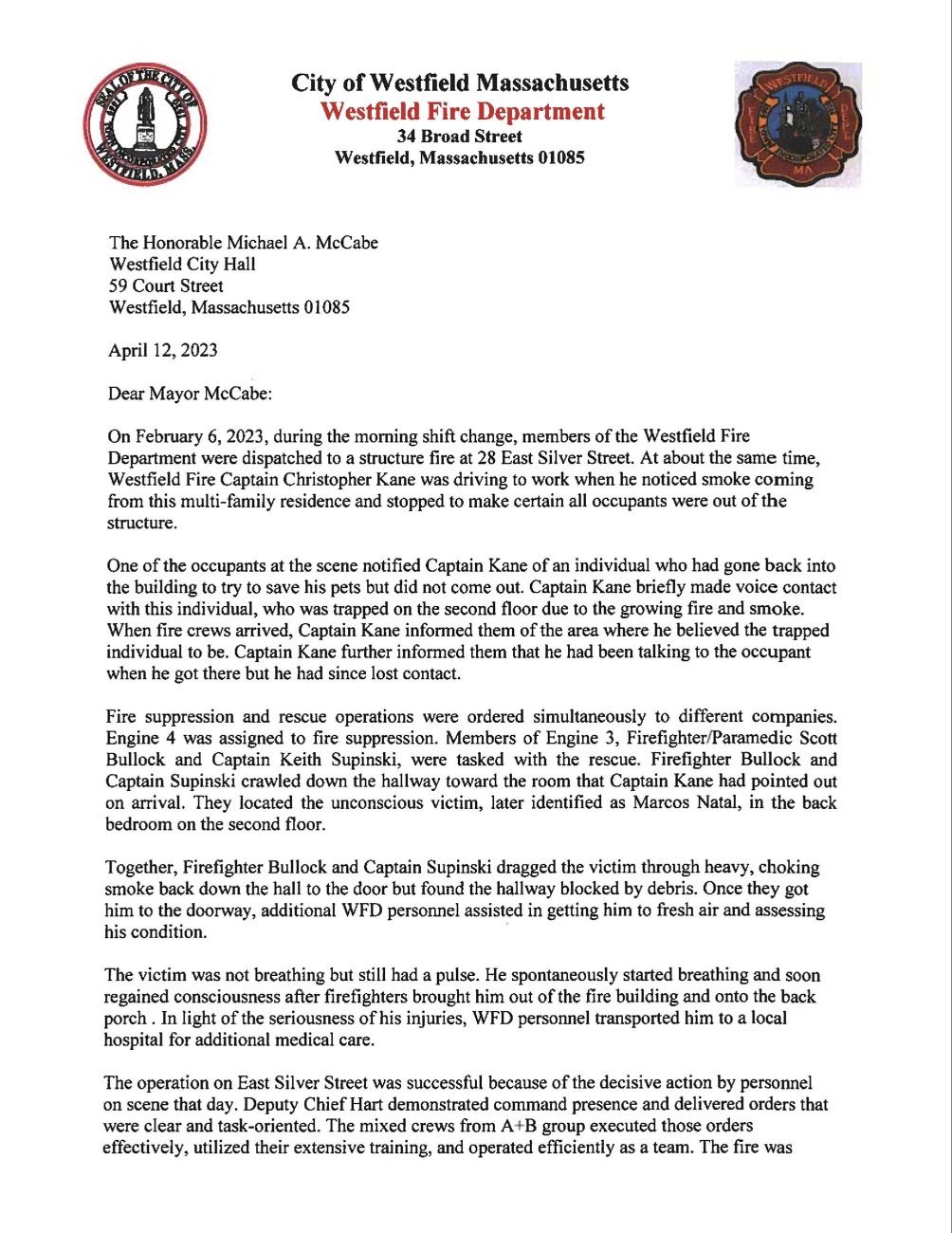 Chief Egloff Letter to Mayor McCabe regarding E Silver St Fire Page 1