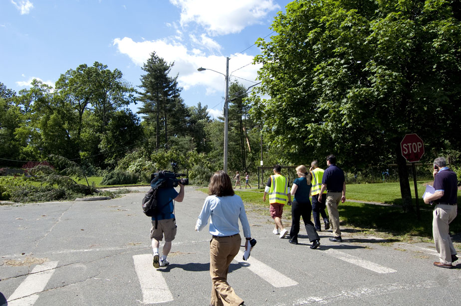 People walking down street.