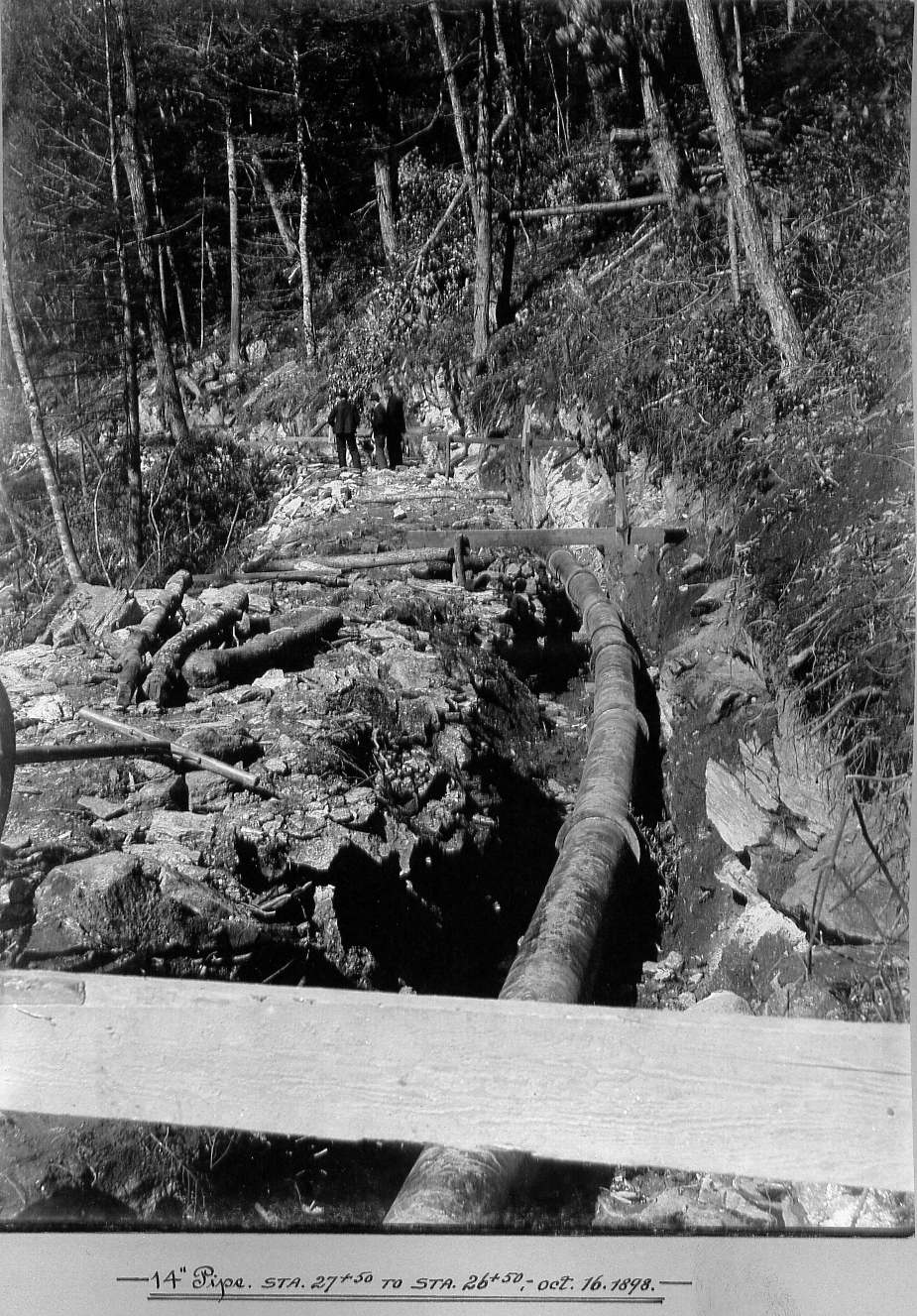 Three men observing pipe in trench